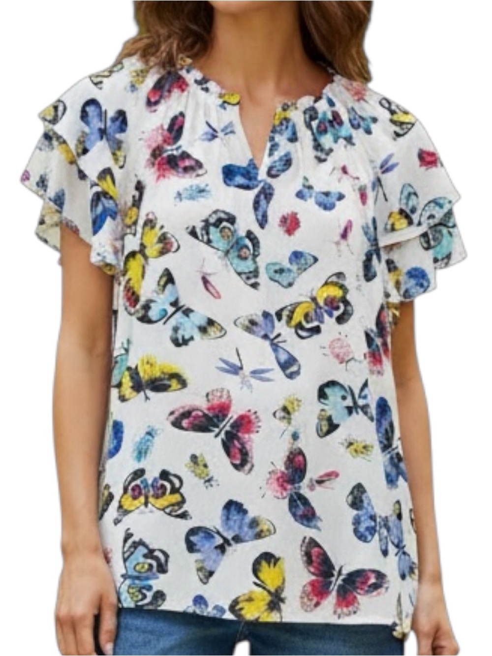 Old Navy Sz LARGE White Double Flutter Sleeve Butterfly Print Keyhole Top
